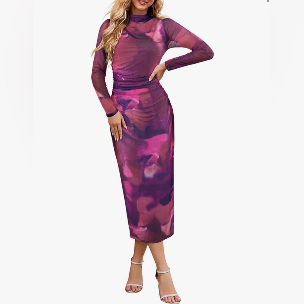 Elegant Purple Long Sleeve Tie Die Dress